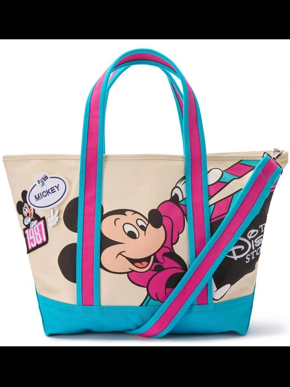 Disney Store - Canvas 1987 Tote Bag with Mickey Print and pins NWOT